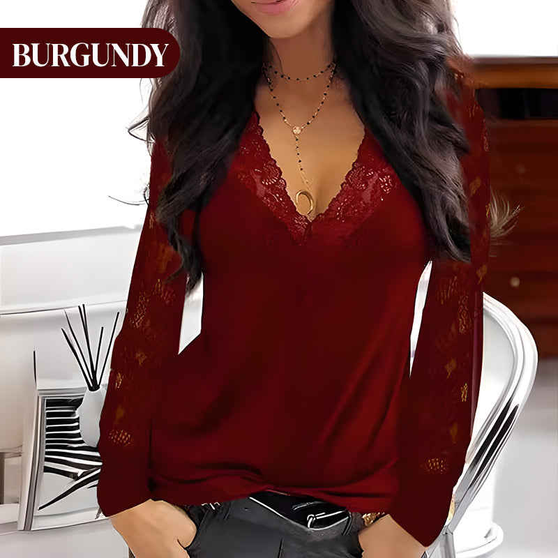 V-Neck Long Sleeve Top with Lace Details