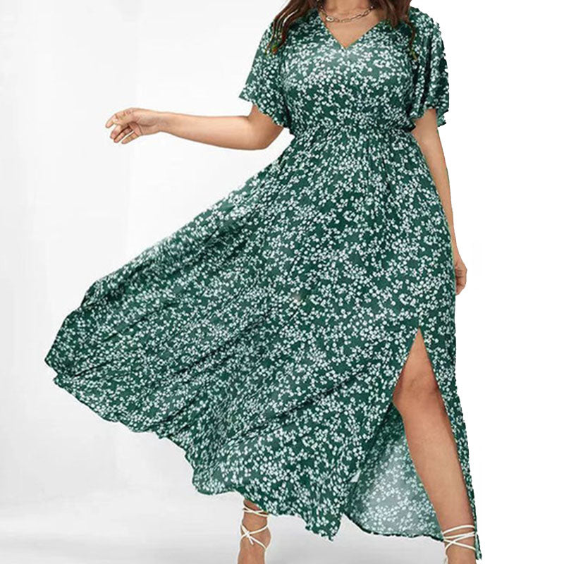 Sweet Floral V-Neck Single-Side Split Dress