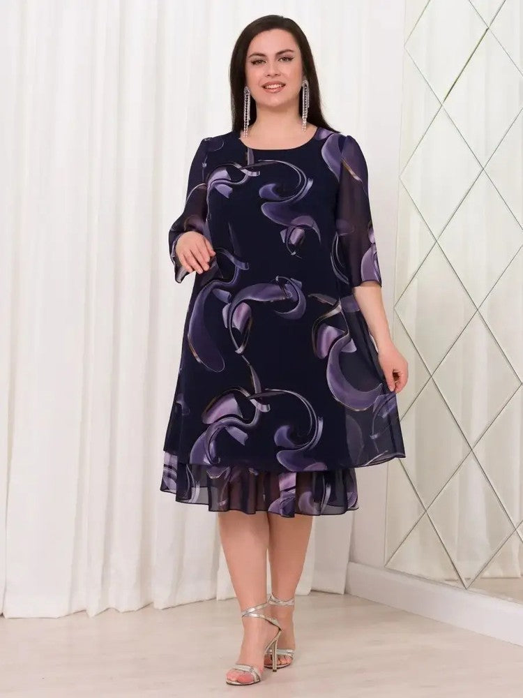 2025 New ruffled sleeve Elegant printed chiffon dresses.