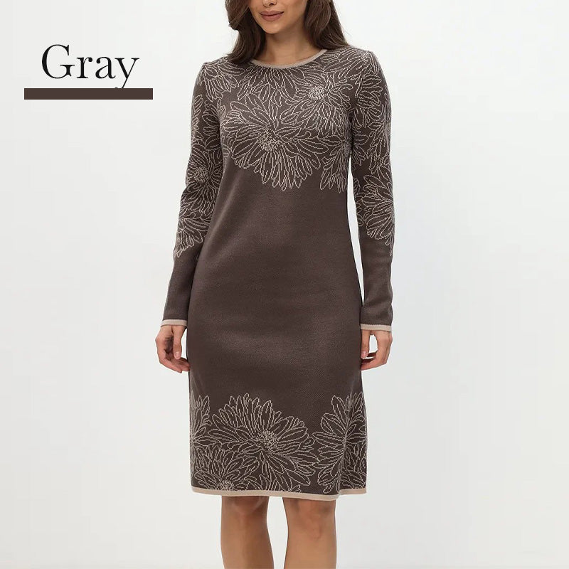 Printed Straight Long Sleeve Crew Neck Dress