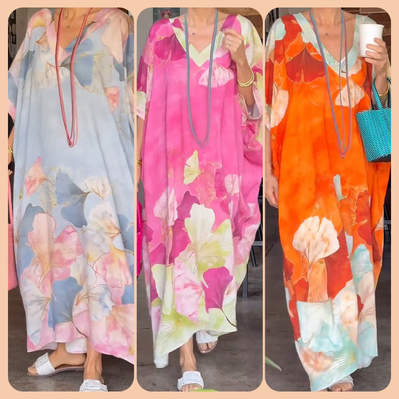 🔥2025 NEW SALES - 50% OFF🔥Floral Print Loose Long Dress with Half Sleeves