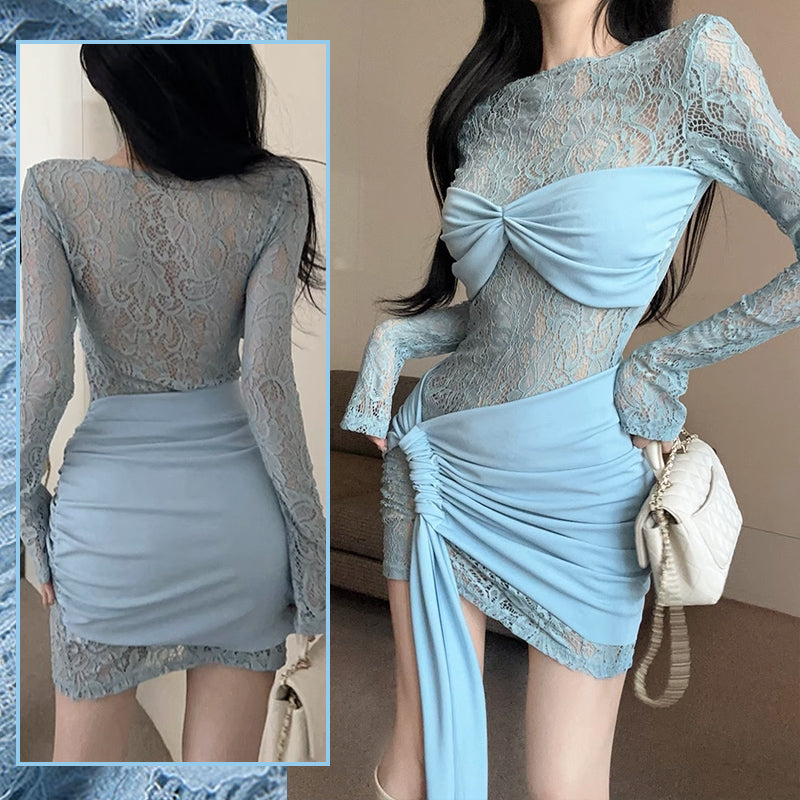 Women's Sexy Blue Lace Dress with Ruched Detailing