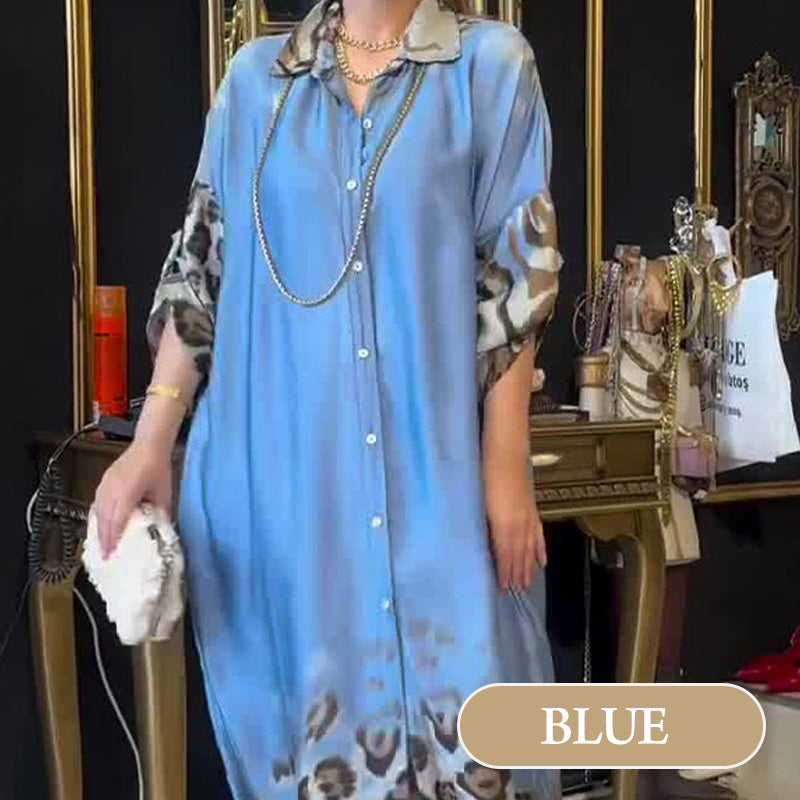 Women's Printed Lapel Long Sleeve Maxi Dress