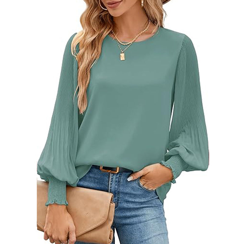 Women's Casual Crew Neck Pleated Lantern Long Sleeve Shirts