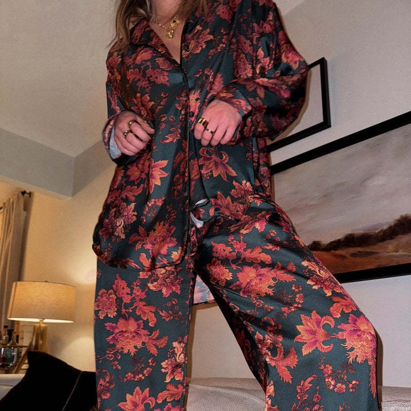 Women's Floral Printed Long Sleeve Pajama Top ＆Pants Two Piece Set