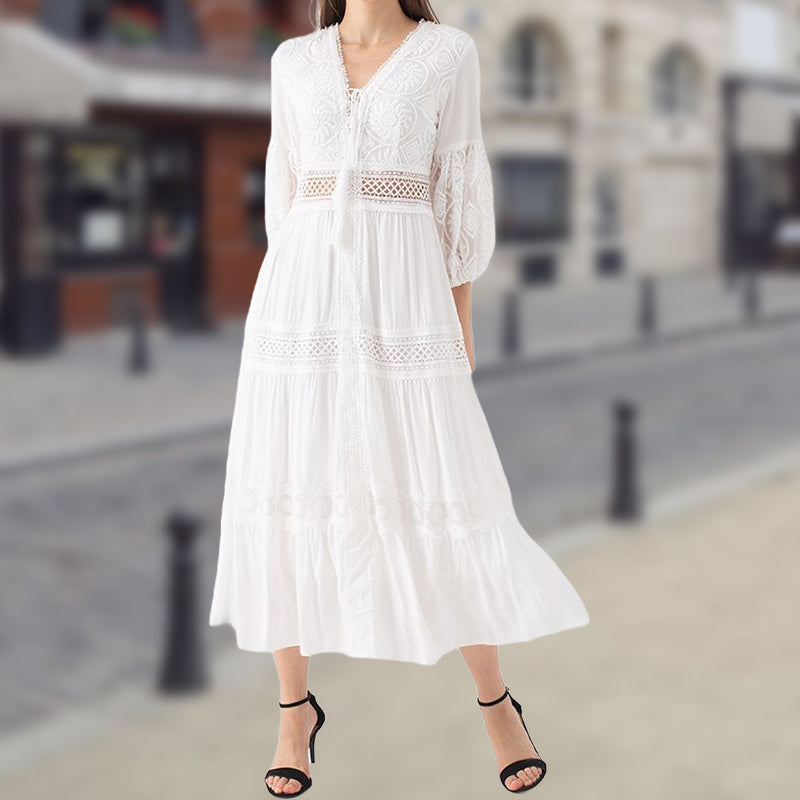 Boho V-Neck White Midi Dress