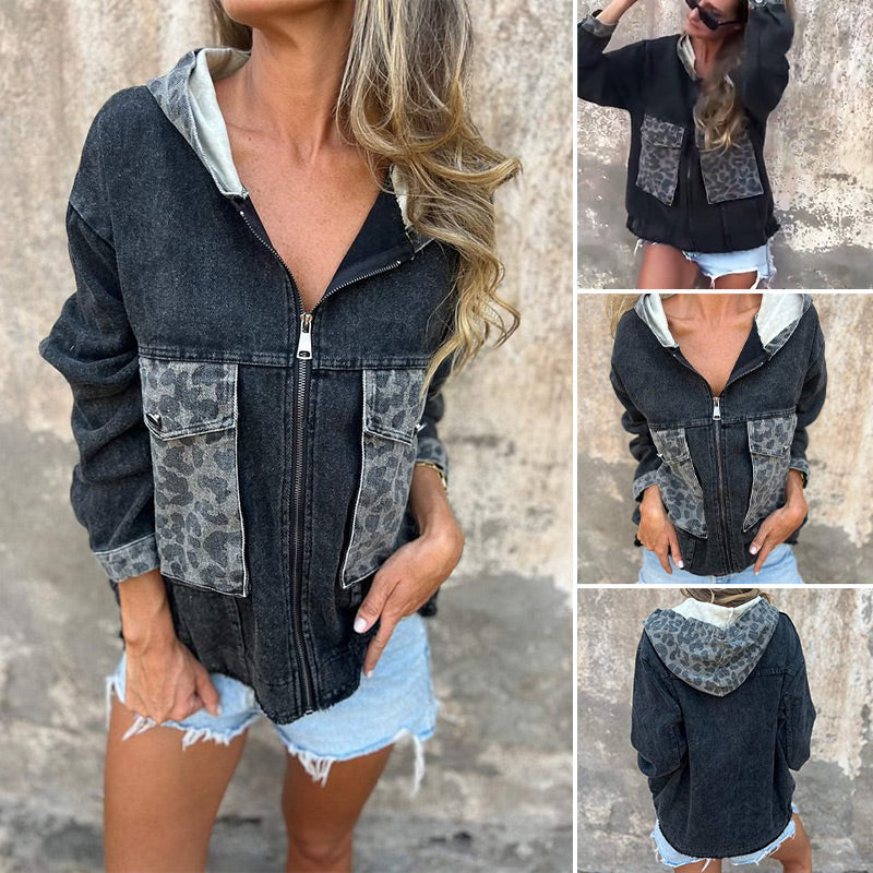 Women's Hooded Zip-Up Denim Jacket with Leopard Print