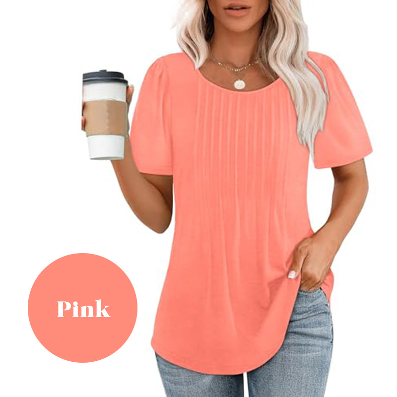 🔥Last Day Sale 49%🔥Women's Short Sleeve Pleated Dressy Casual Scooped Neck Tops