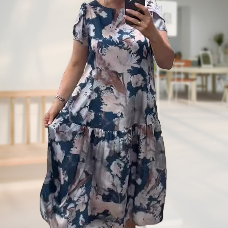 Loose Round Neck Short Sleeve Floral Dress