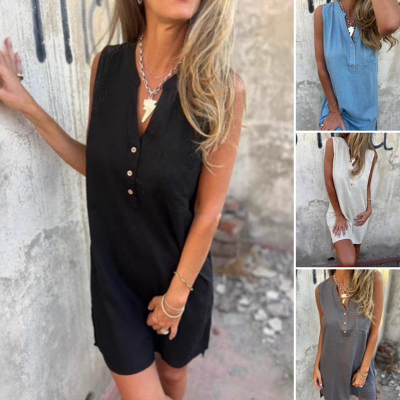 Women's Sleeveless Button Pocket V-Neck Dress