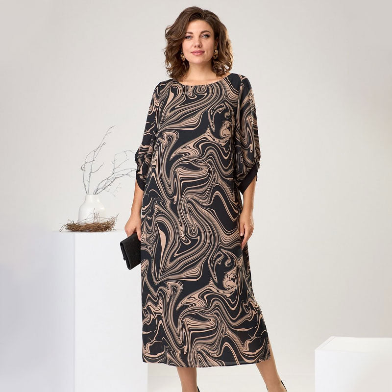 Three-Quarter Sleeve Marble Print Maxi Dress