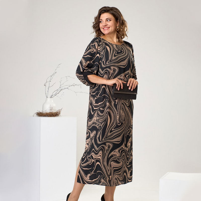 Three-Quarter Sleeve Marble Print Maxi Dress