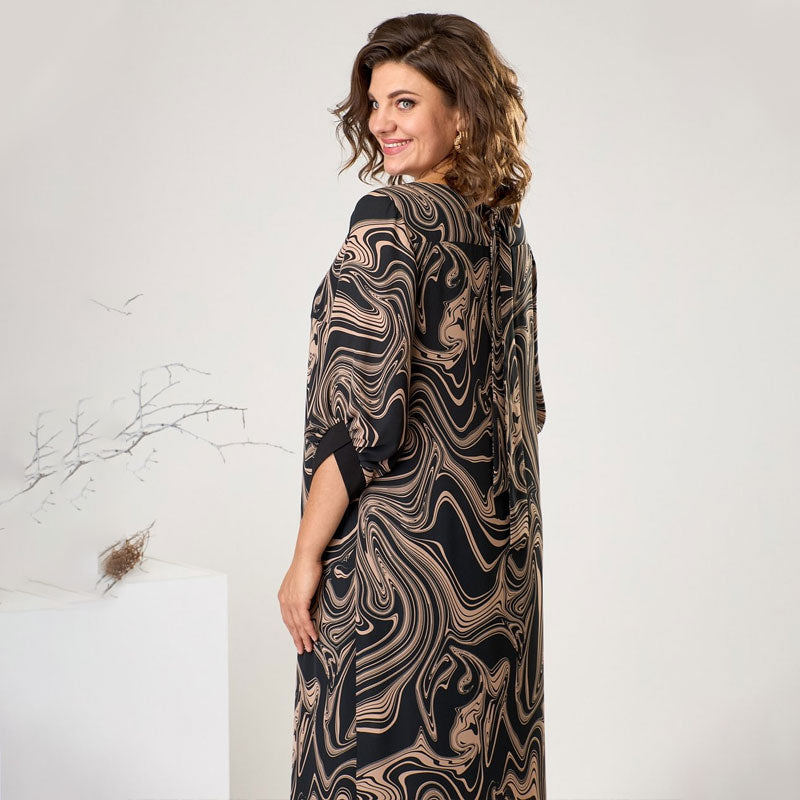 Three-Quarter Sleeve Marble Print Maxi Dress