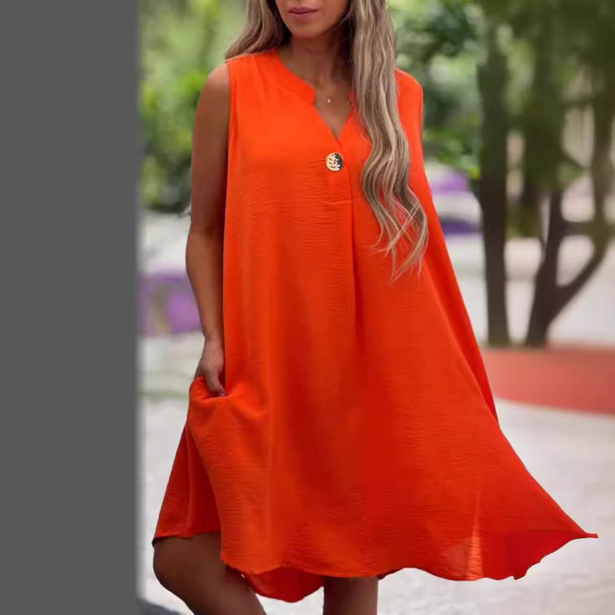 Solid Color Sleeveless V-Neck Dress with Button Decoration