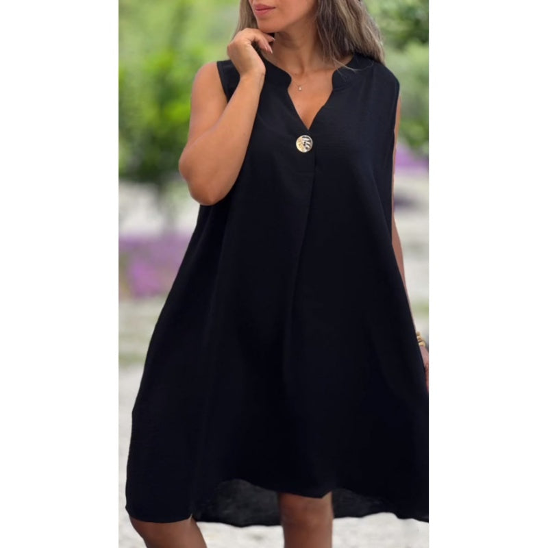 Solid Color Sleeveless V-Neck Dress with Button Decoration