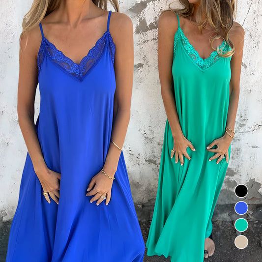 🎉Summer Hot Sale 49% OFF💃Women's Elegant Lace-Trim V-Neck Spaghetti Strap Maxi Dress