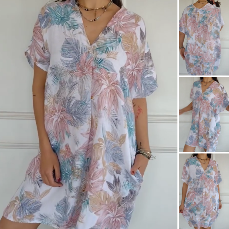 Women’s V-Neck Short Sleeves Floral Print Dress