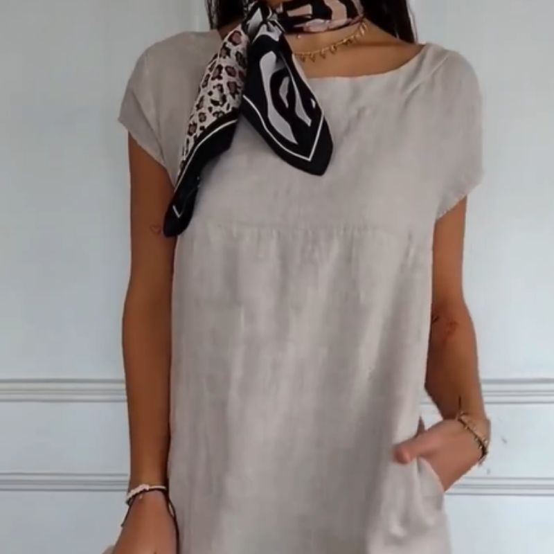 🏖️Summer Hot Sale 50% OFF🌼Women's Round Neck Short Sleeve Cotton Linen Dress