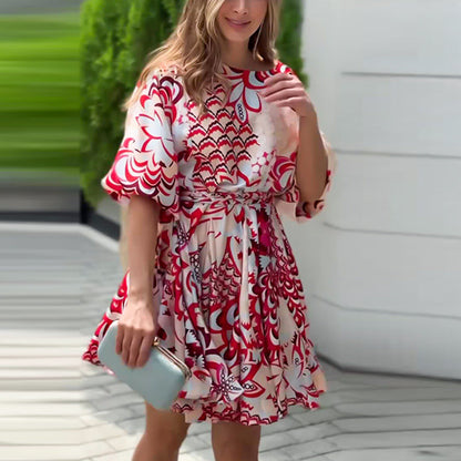 Casual Printed Waist-Tie Slimming Short Dress