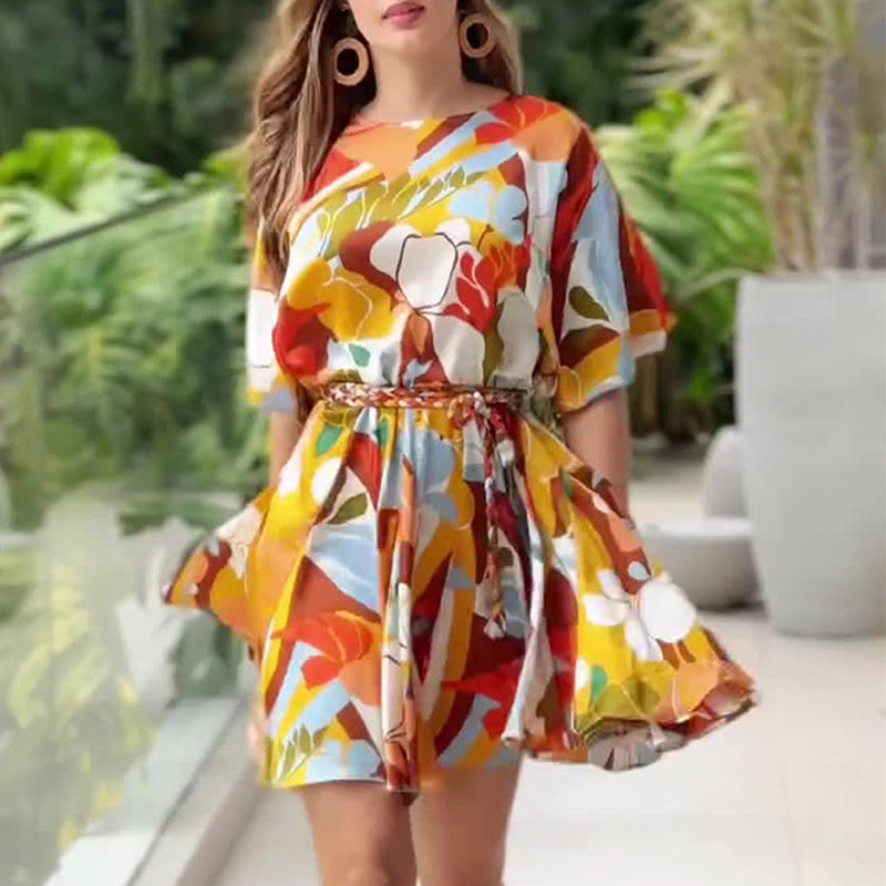 Casual Printed Waist-Tie Slimming Short Dress