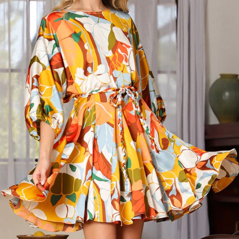 Casual Printed Waist-Tie Slimming Short Dress