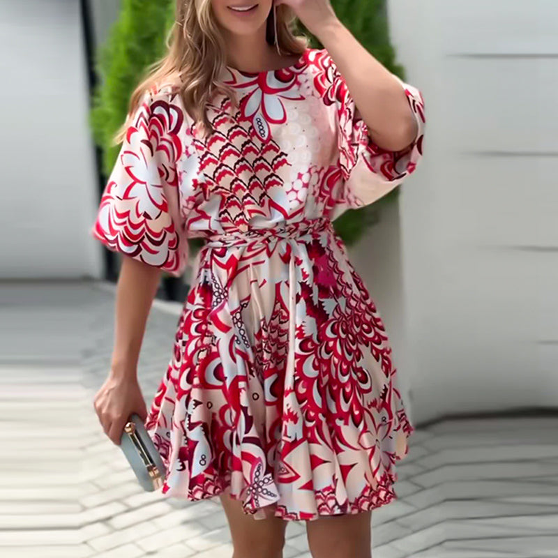 Casual Printed Waist-Tie Slimming Short Dress