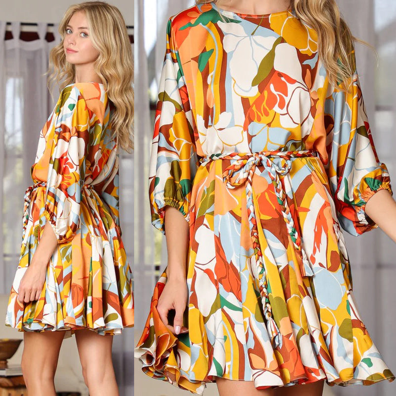 Casual Printed Waist-Tie Slimming Short Dress
