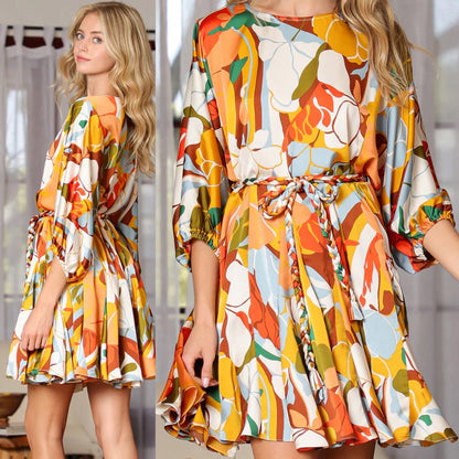 Casual Printed Waist-Tie Slimming Short Dress