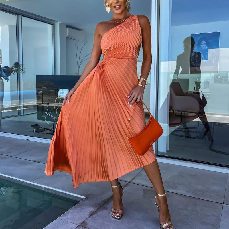 One-Shoulder Pleated Hollow Maxi Dress