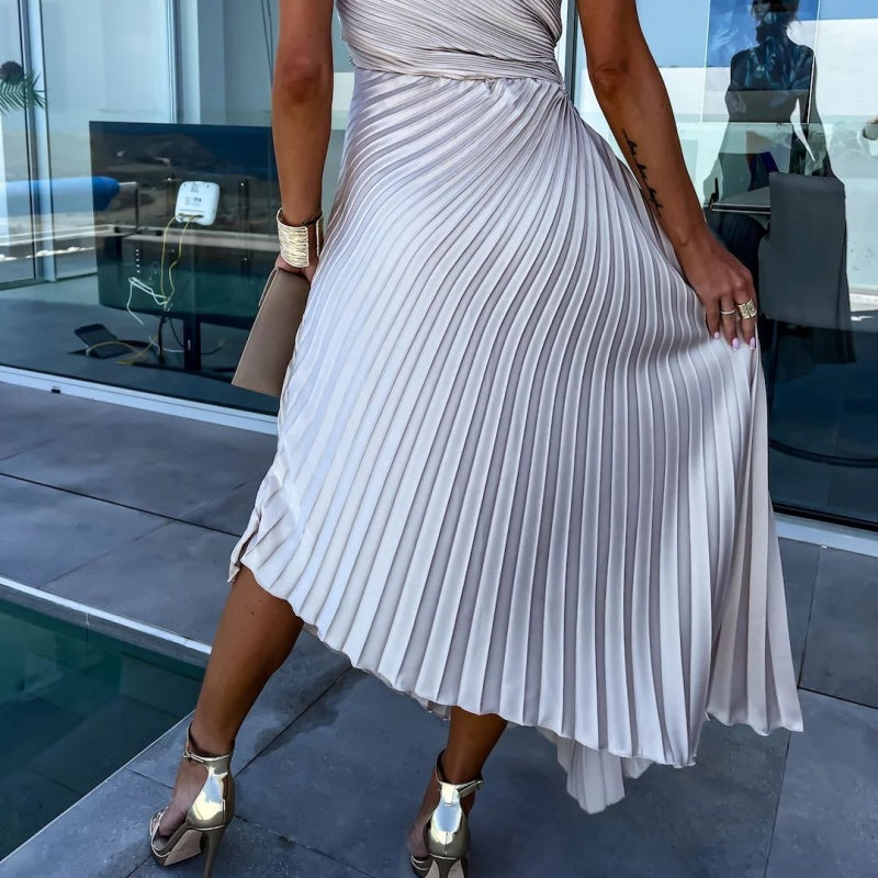 One-Shoulder Pleated Hollow Maxi Dress