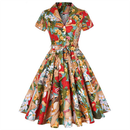 🍋New Summer Mood💛Women's Printed Lapel V-Neck Long Dress with Belt
