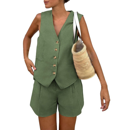 Women’s Casual Sleeveless V-Neck Top & Shorts Two-Piece Set