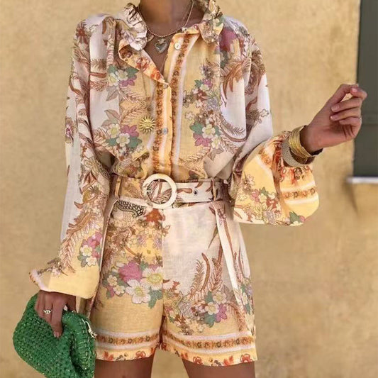 Women’s Vintage Floral Print Top & Shorts Two-Piece Set