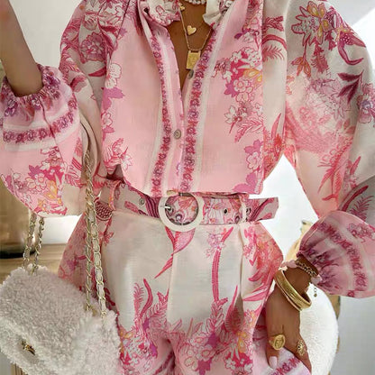 Women’s Vintage Floral Print Top & Shorts Two-Piece Set