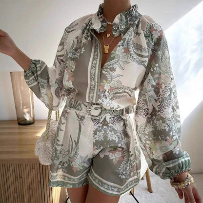 Women’s Vintage Floral Print Top & Shorts Two-Piece Set
